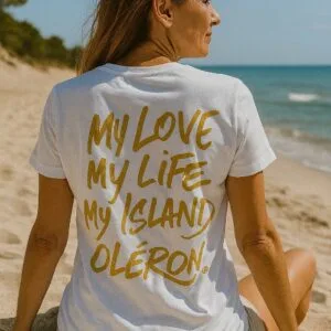 Tee-Shirt Femme Blanc Col V - Logo Coloré