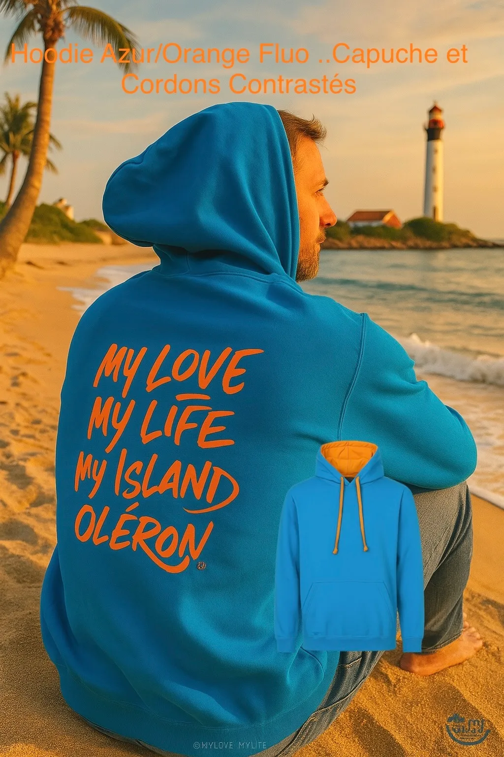 Hoodie Bleu Azur Contraté Orange Fluo