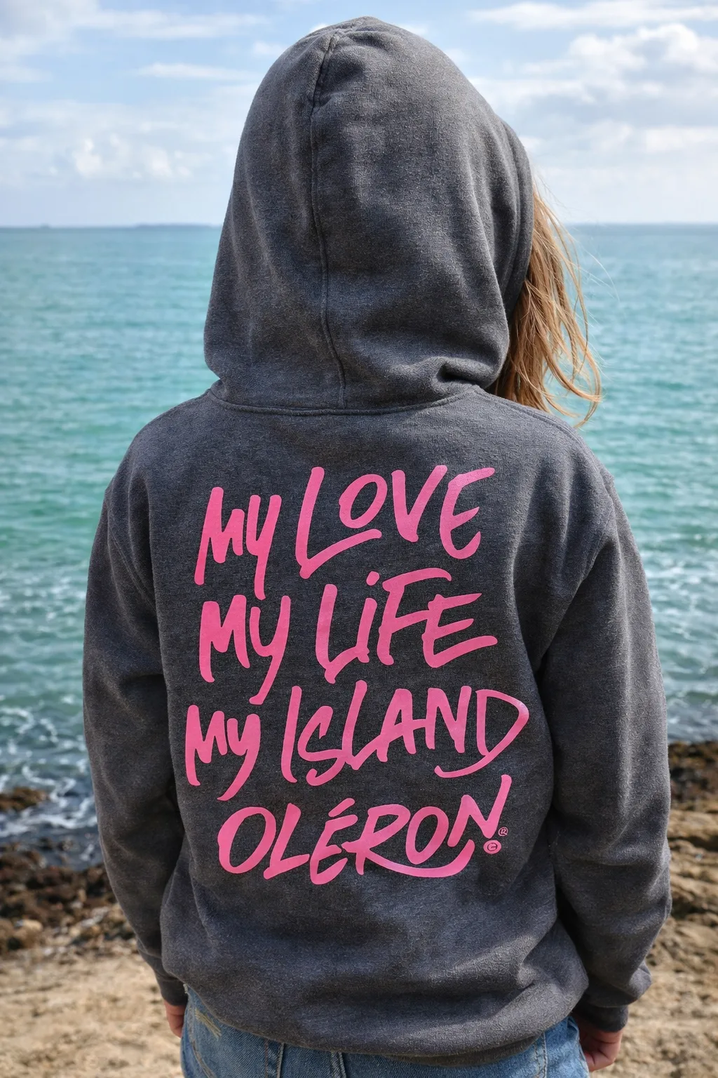 hoodie gris chiné et rose de dos
